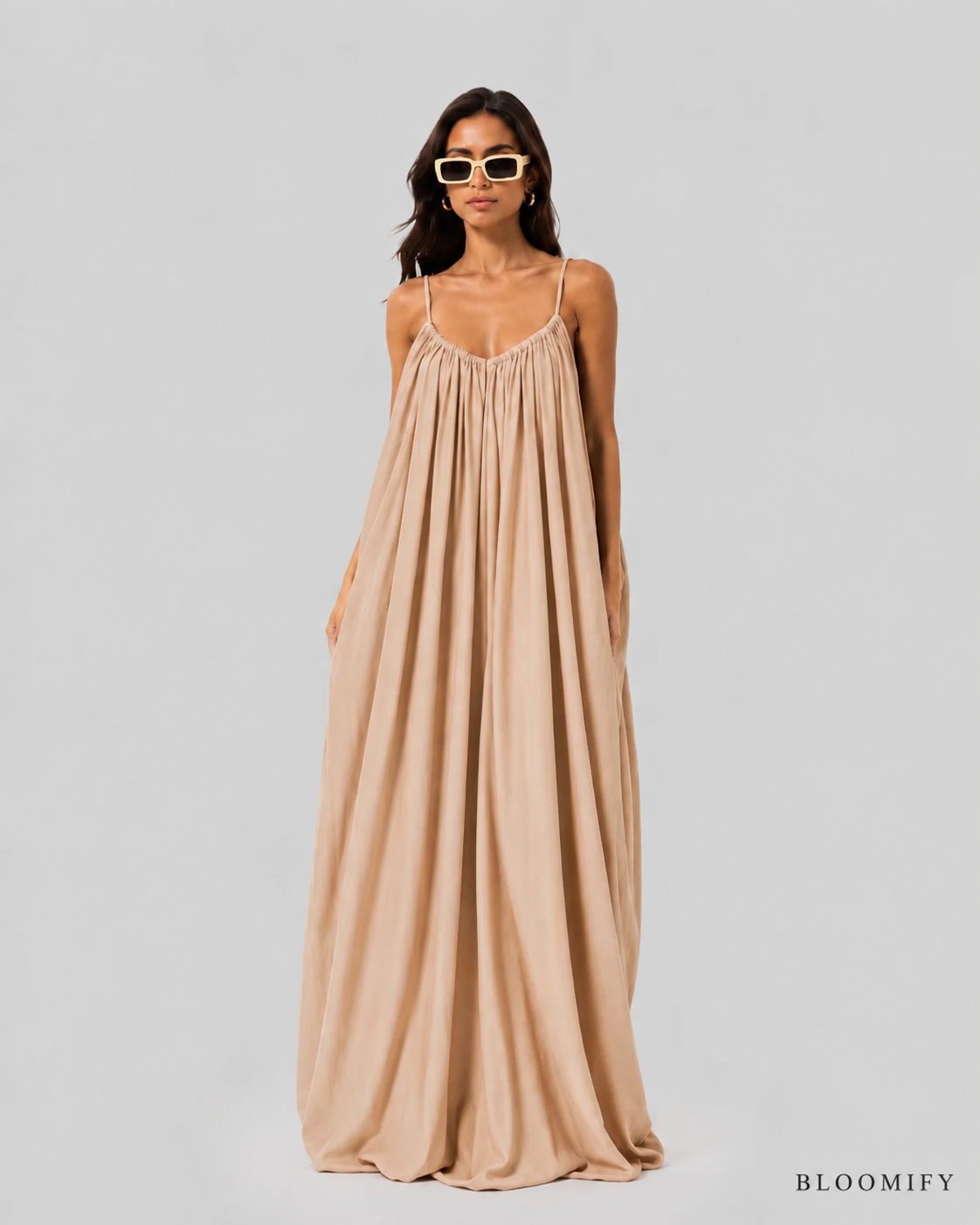Backless Cami Gathered Maxi Dress with Back Flow