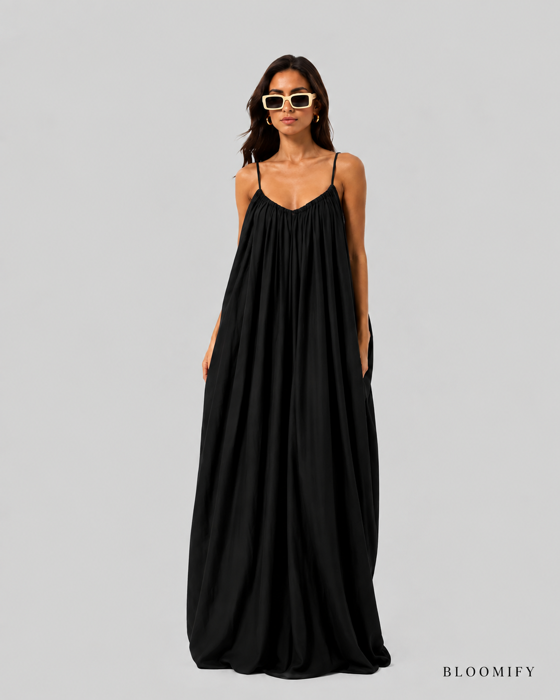 Backless Cami Gathered Maxi Dress with Back Flow