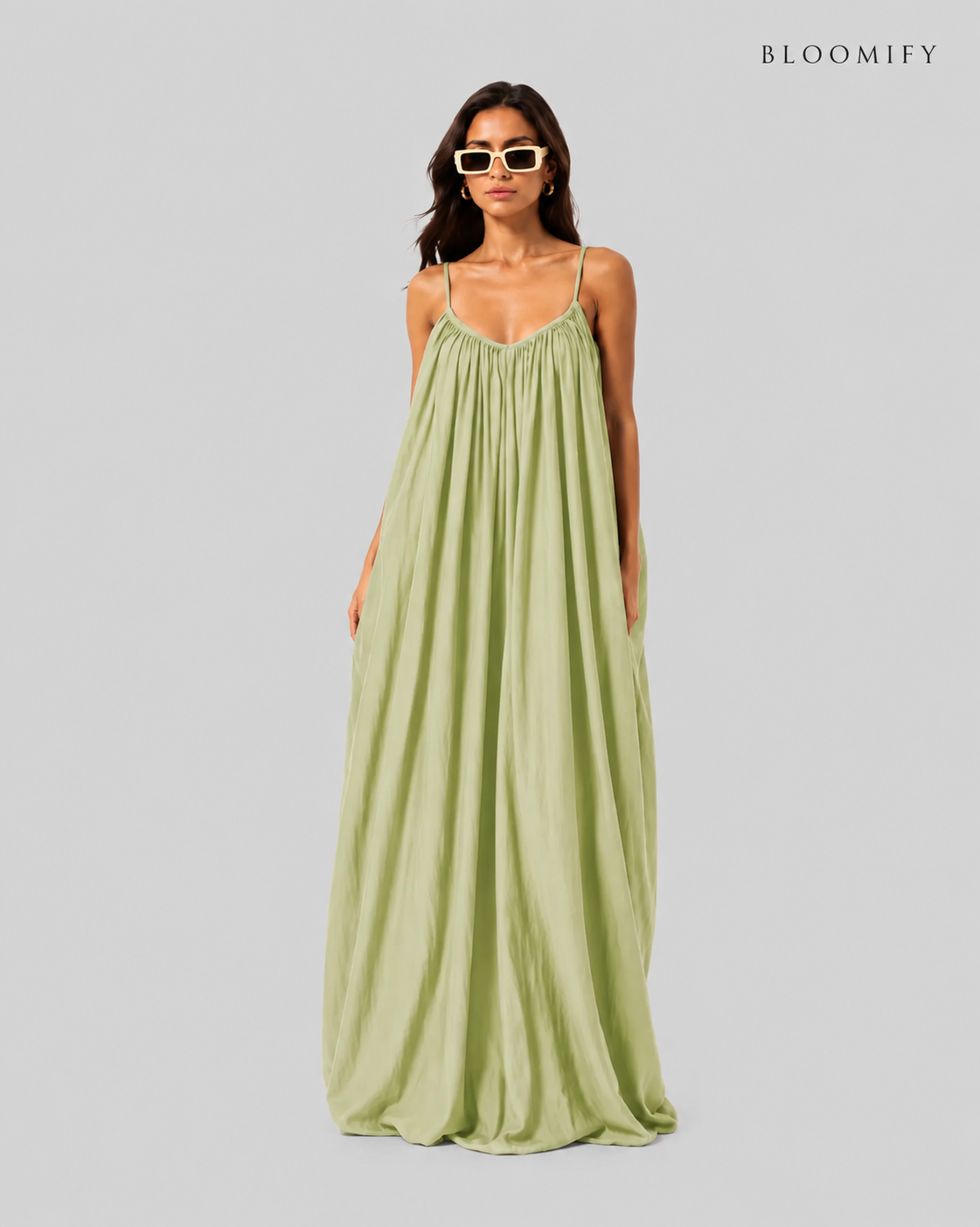 Backless Cami Gathered Maxi Dress with Back Flow