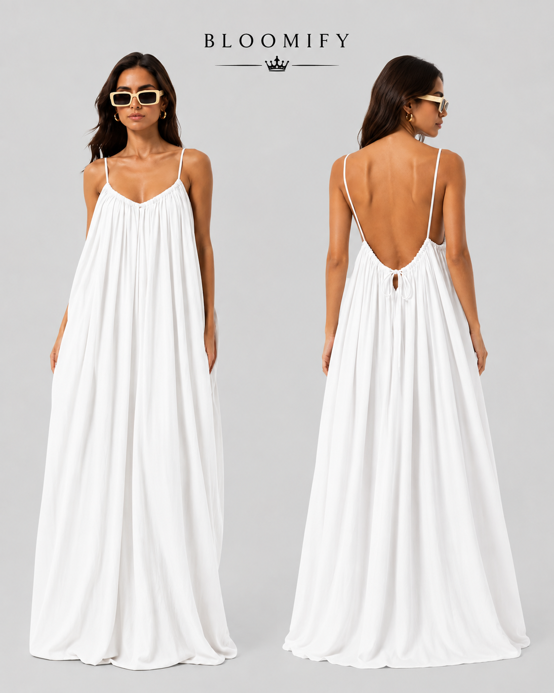 Backless Cami Gathered Maxi Dress with Back Flow