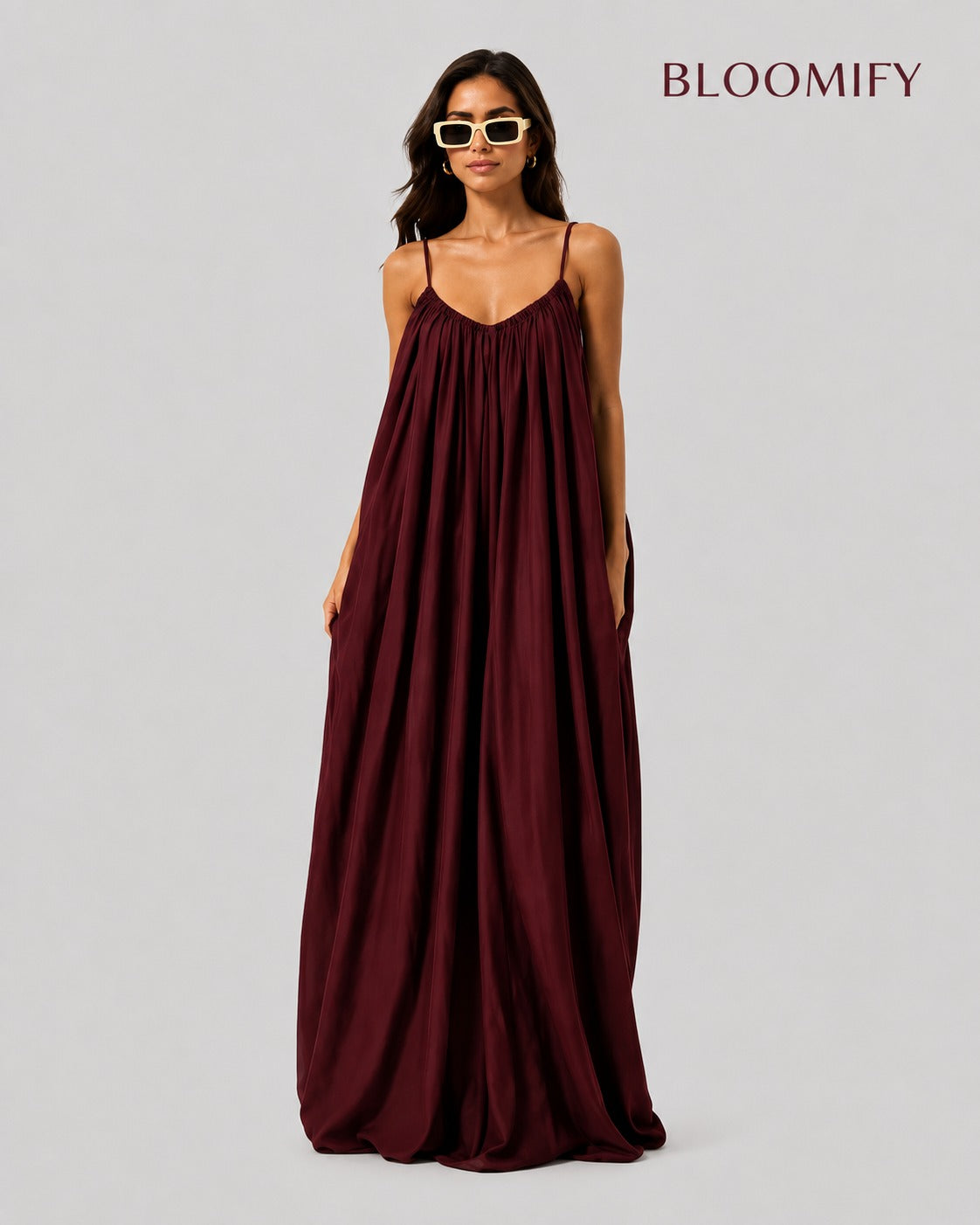 Backless Cami Gathered Maxi Dress with Back Flow