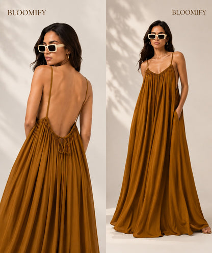 Backless Cami Gathered Maxi Dress with Back Flow