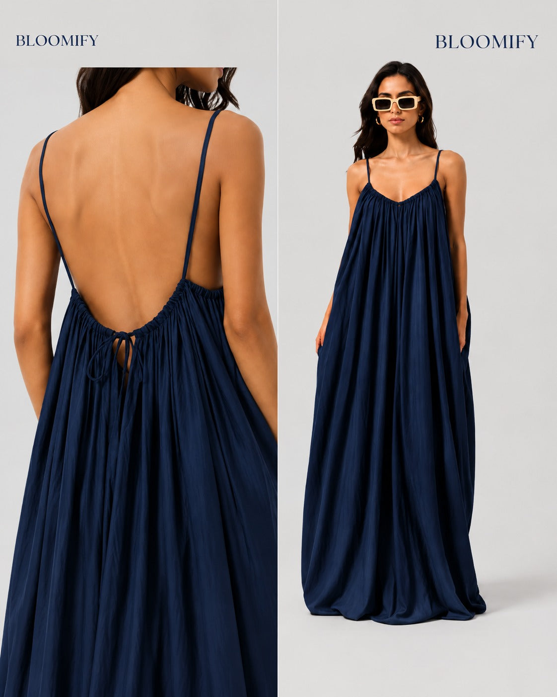 Backless Cami Gathered Maxi Dress with Back Flow