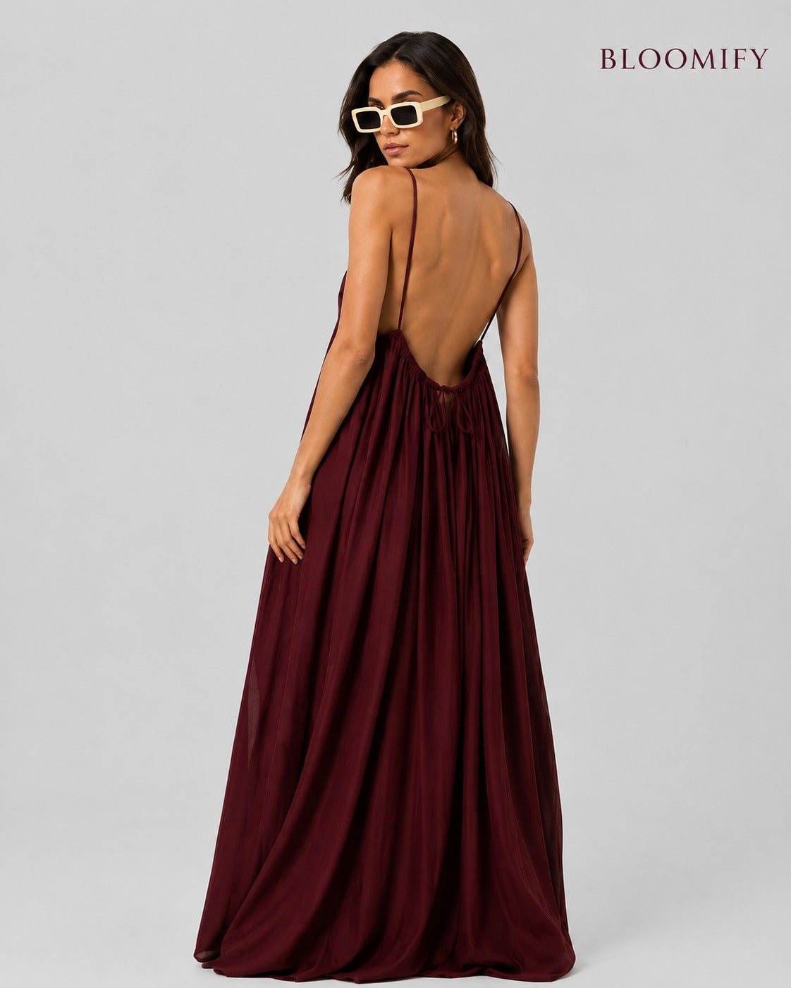 Backless Cami Gathered Maxi Dress with Back Flow