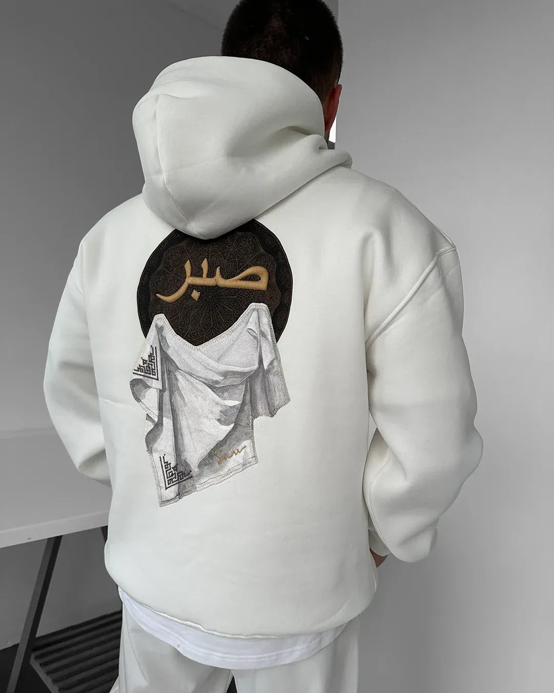 White Hooded Oversize Premium Patience Embroidered Sweatshirt SWT-6421
