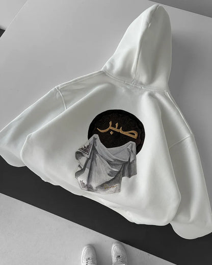 White Hooded Oversize Premium Patience Embroidered Sweatshirt SWT-6421