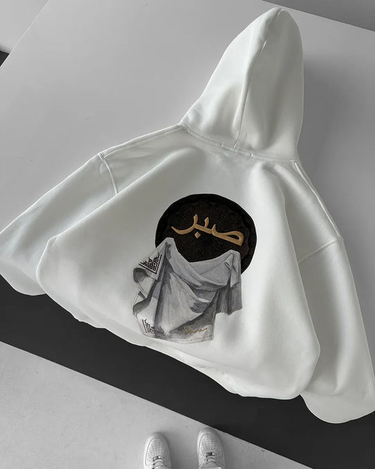 White Hooded Oversize Premium Patience Embroidered Sweatshirt SWT-6421